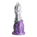 Silver skeletal hand-shaped dildo with purple cloak base and suction cup for hands-free use.