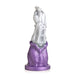 Silver skeletal hand-shaped dildo with a purple cloak base and suction cup for hands-free use.