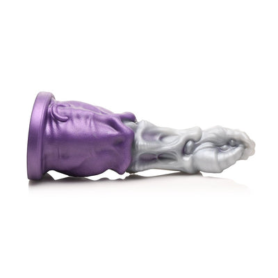 Purple and silver Grim Reaper-themed dildo with textured, sculpted design and wide suction cup base.
