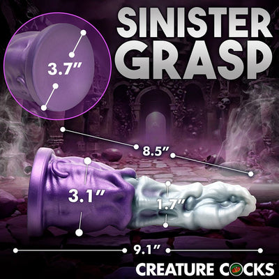 Purple and silver Grim Reaper-themed dildo with detailed measurements and suction cup base on a dark fantasy background.