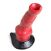 Red and black silicone canine-inspired dildo with textured shaft and suction cup base for hands-free use.