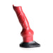 Red and black silicone Hell-Hound canine fantasy dildo with textured veins and suction cup base.