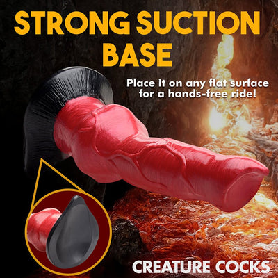 Red and black Hell-Hound silicone dildo with strong suction cup base for hands-free use on flat surfaces.