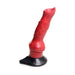 Red and black silicone canine-inspired dildo with textured veins and suction cup base.