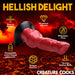 Red and black Hell-Hound canine dildo with suction base, firm flexible silicone, and unique texture on fiery background.