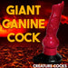 Red and black silicone canine-inspired dildo with suction cup base against fiery lava background.