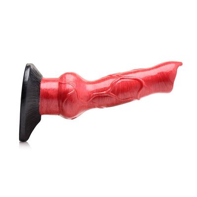 Red and black silicone canine-inspired dildo with textured veins and suction cup base for hands-free use.