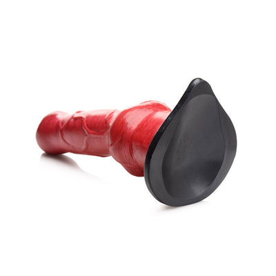 Red and black silicone canine-inspired dildo with suction cup base, detailed veins, and bulbous design.
