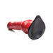 Red and black silicone canine-inspired dildo with suction cup base, detailed veins, and bulbous design.