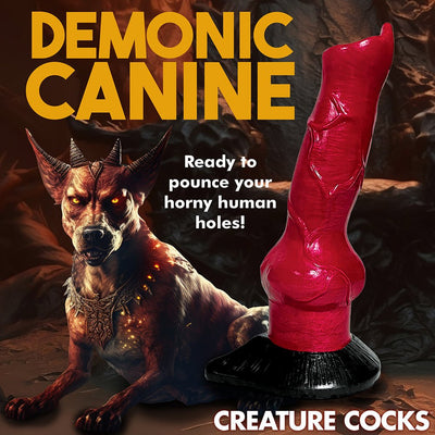 Red and black silicone canine-inspired dildo with suction cup base next to a demonic dog illustration and bold text.
