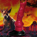 Red and black silicone canine-inspired dildo with suction cup base against a fiery hellscape background.
