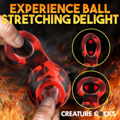 Red and black silicone ball stretcher and girth enhancer held between fingers with fire background and text about ball stretching.