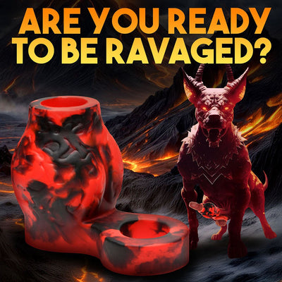 Red and black silicone girth enhancer and ball strap with a fiery hellhound background and bold text asking if you are ready to be ravaged.
