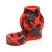 Red and black marbled silicone girth enhancer with integrated ball strap and bulging canine knot design.
