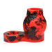 Red and black marbled silicone girth enhancer with attached ball strap and textured bulges at the base.