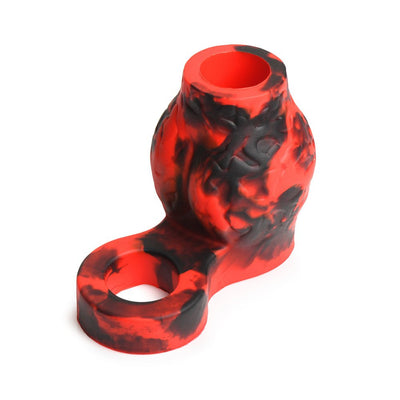 Red and black silicone girth enhancer and ball strap with textured canine knots design.