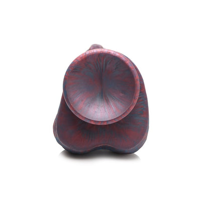 Base view of Creature Cocks Hydra Sea Monster dildo in swirling dark blue and red silicone with suction cup and ball details.