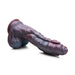 Three-headed sea monster inspired dildo in swirling red, blue, and purple silicone with suction cup base and textured design.