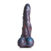 Three-headed sea monster dildo in swirling dark blue and red silicone with textured shafts and suction cup base.