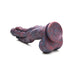 Three-headed sea monster dildo in swirling red, blue, and purple silicone with suction cup base and textured design.