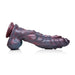 Three-headed sea monster inspired dildo in swirling dark blue, red, and purple silicone with suction cup base and textured design.