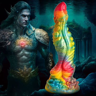 Colorful rainbow silicone fantasy dildo with textured ridges and curves, set against an underwater merman and ruins background.