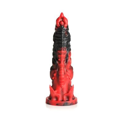 Red and black fantasy-themed silicone dildo with ridges, spikes, and a wide suction cup base.