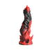 Red and black fantasy-themed silicone dildo with ridges, flame-like details, and a wide suction cup base.