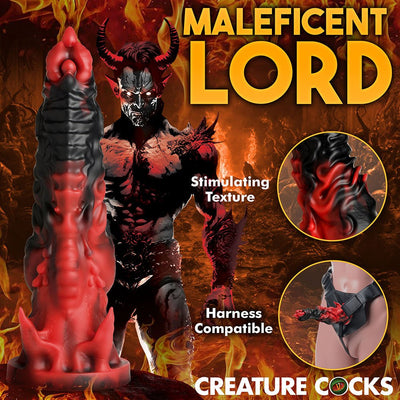Red and black textured fantasy dildo with ridges and flames, shown with harness compatibility and fiery background design.