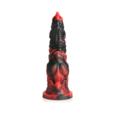 Red and black fantasy-themed silicone dildo with ridges, grooves, and a suction cup base for hands-free use.