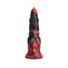Red and black fantasy-themed silicone dildo with ridges, grooves, and a suction cup base for hands-free use.