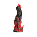 Red and black fantasy-themed dildo with flame and ridge textures and a wide suction cup base.