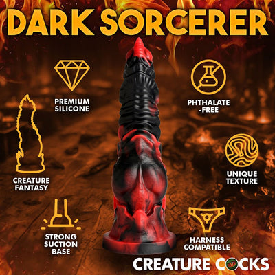 Red and black textured fantasy dildo with ridges and suction base, shown with icons for premium silicone, phthalate-free, and harness compatibility.