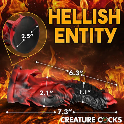 Red and black fantasy-themed dildo with ridges and suction cup base, shown with size measurements on a fiery background.
