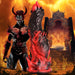 Red and black fantasy-themed dildo with flame and ridge details, set against a fiery background with a horned demon figure.