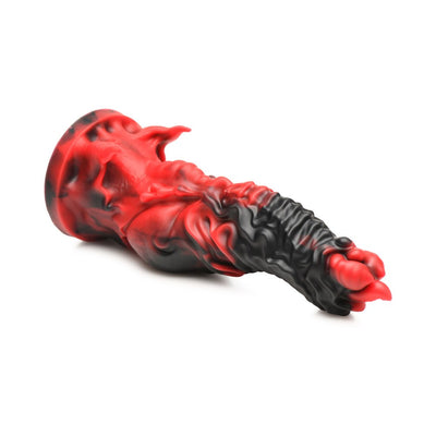 Red and black fantasy-themed silicone dildo with ridges, flames, and a wide suction cup base for hands-free use.