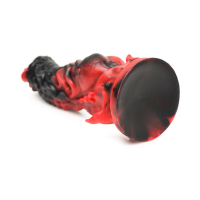 Red and black silicone fantasy dildo with textured ridges and wide suction cup base, designed for hands-free and harness use.