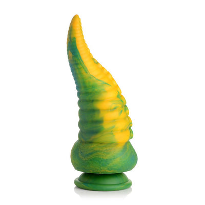 Green and yellow marbled silicone tentacle-shaped dildo with suction cup base standing upright on white background.