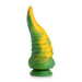 Green and yellow marbled silicone tentacle-shaped dildo with suction cup base standing upright on white background.