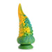 Green, yellow, and blue marbled silicone tentacle-shaped dildo with suction cup base and textured suckers.