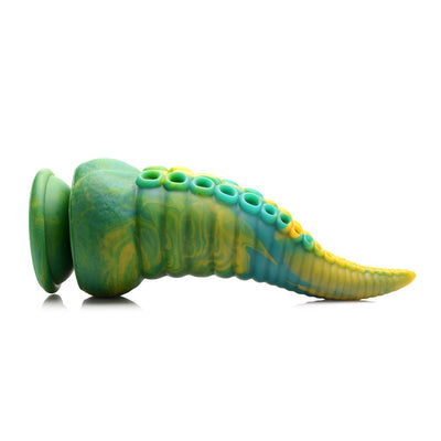 Green and yellow marbled silicone tentacle-shaped dildo with suction cup base and textured suction cups along the shaft.
