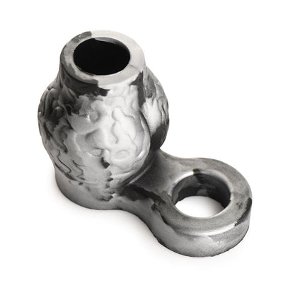 Silver and black silicone girth enhancer with integrated ball strap, textured for a snug fit and added sensation.