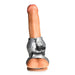 Silver and black silicone girth enhancer and ball stretcher sleeve on a realistic model.