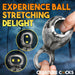 Hands stretching a silver and black silicone girth enhancer and ball strap against a dark forest background with bold text about ball stretching.