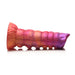 Sunset-colored silicone fantasy ovipositor dildo with textured segmented shaft and flared base on white background.