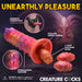 Orange and pink silicone ovipositor dildo with hollow tunnel, textured shaft, three soft eggs, and harness compatibility shown in sci-fi setting.