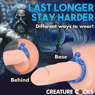 Illustration showing blue octopus-themed silicone ring worn two ways on a stylized penis with ocean god background and text about lasting longer.