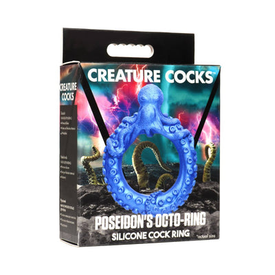 Packaging of Creature Cocks Poseidons Octo Ring in blue silicone with octopus design and ocean-themed background.