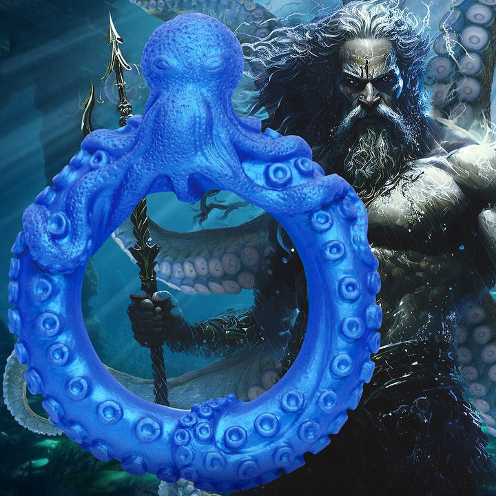 Blue octopus-themed silicone ring with textured tentacles, inspired by Poseidon, shown against an underwater warrior background.