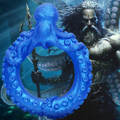 Blue octopus-themed silicone ring with textured tentacles, inspired by Poseidon, shown against an underwater warrior background.